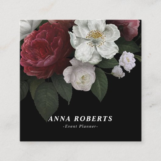 黒い花柄の贅沢で赤いピンクの白 スクエア名刺 (正面)