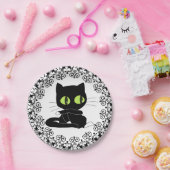 黒い花柄の黒猫の紙皿 ペーパープレート (パーティー)