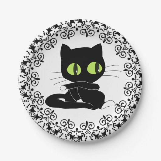 黒い花柄の黒猫の紙皿 ペーパープレート (正面)