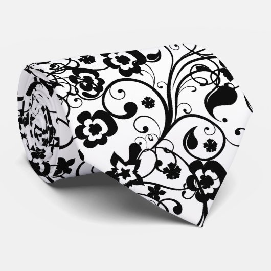 黒い花柄4本のユニークで黒くか白いデザインのタイ ネクタイ (ロール)