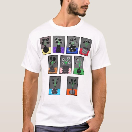 黒い花瓶の白黒の花 Tシャツ (正面)