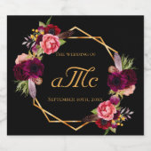 黒い花結婚バーグンディのモノグラムイニシャル スパークリングワインラベル (シングルラベル)