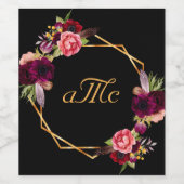 黒い花結婚バーグンディのモノグラムイニシャル ワインラベル (シングルラベル)