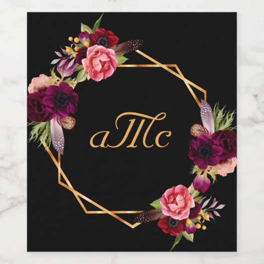 黒い花結婚バーグンディのモノグラムイニシャル ワインラベル (シングルラベル)