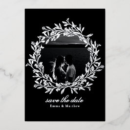 黒い花輪 エレガント フォト & QR Save the Date 箔招待状