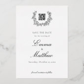 黒い花輪 エレガント フォト & QR Save the Date 箔招待状 (裏面)
