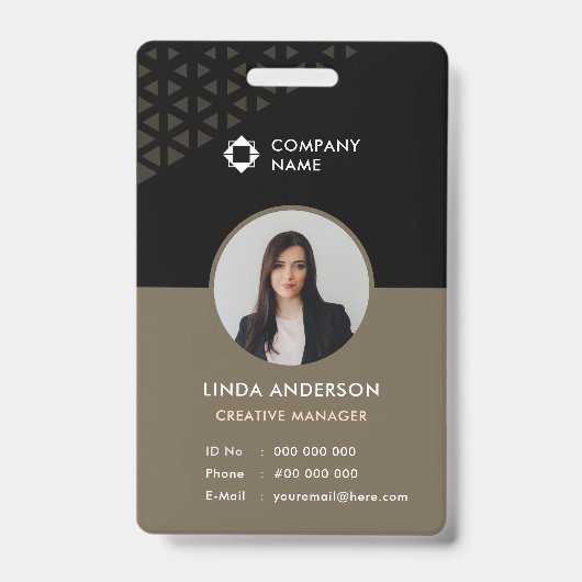 黒い茶色の従業員の写真ID抽象芸術パターン バッジ (正面)