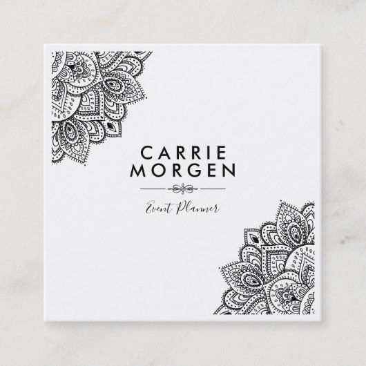 黒い華美トライバルマンダルコーナーフレーム スクエア名刺 (正面)