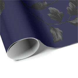 黒い葉の濃紺の花のつる植物パターン ラッピングペーパー