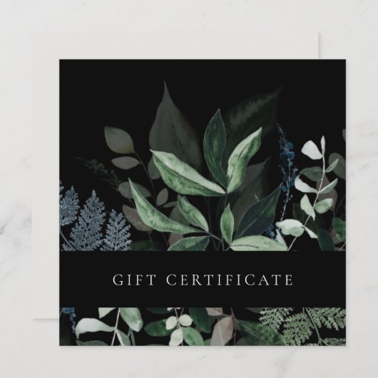 黒い葉の熱帯葉シダのギフト証明書 招待状 (正面/裏面)