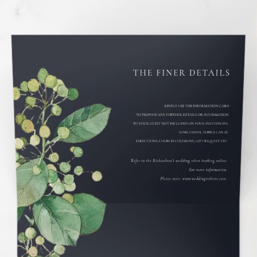 黒い葉の緑の水の色結婚の 三つ折り招待状 (内部最初)