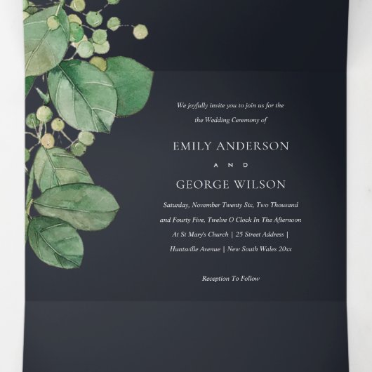 黒い葉の緑の水の色結婚の 三つ折り招待状 (内部中)