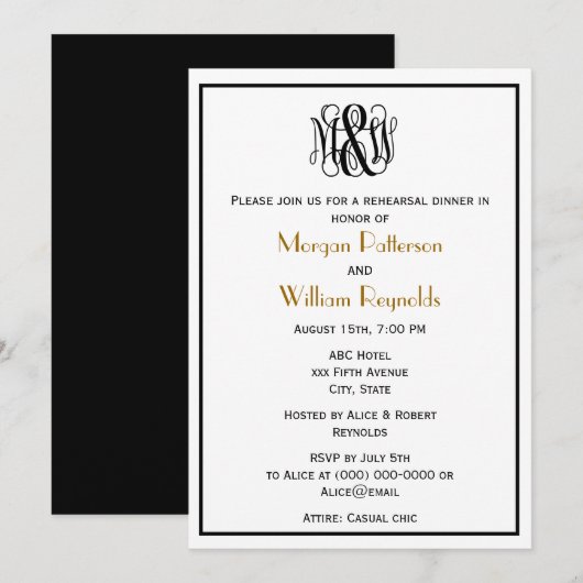 黒い蔓の手書き文字のモノグラム　B&G　自分で作る　BG　リハーサル 招待状 (正面/裏面)