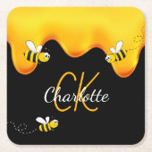 黒い蜂の蜂蜜の滴下モノグラム スクエアペーパーコースター (正面)