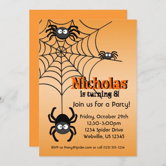 黒い蜘蛛の巣のオレンジHallowenのパーティーの招待 招待状 (正面/裏面)