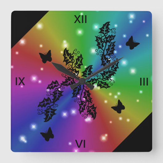 黒い蝶と虹の星 スクエア壁時計 (正面)