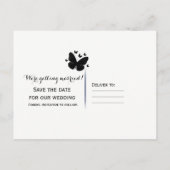 黒い蝶の白いデザインでSave the Date 案内ポストカード (裏面)