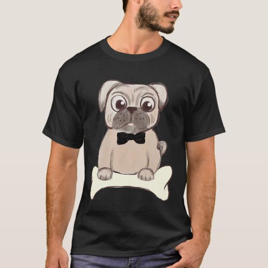 黒い蝶ネクタイの愛らしいパグのイラスト 234 Tシャツ (正面)