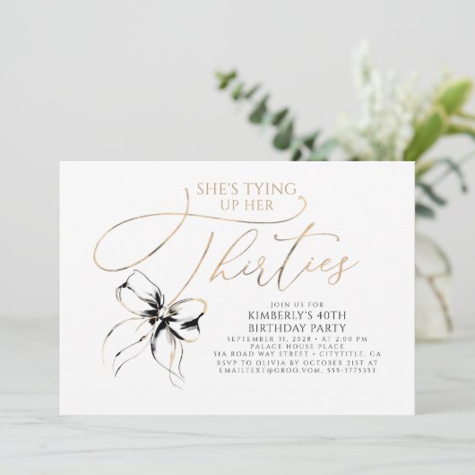 黒い蝶結びで三十路を縛る　四十路の誕生日 招待状 (スタンド正面)