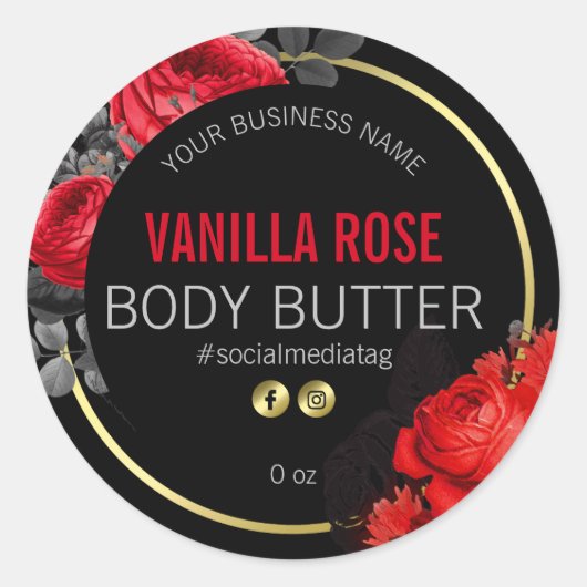 黒い製品ラベルに赤いバラ ラウンドシール (正面)