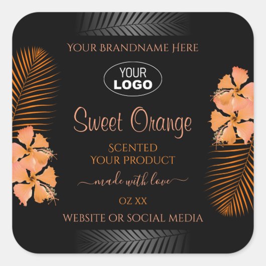 黒い製品ラベルオレンジ色のハワイアン花ロゴ スクエアシール (正面)