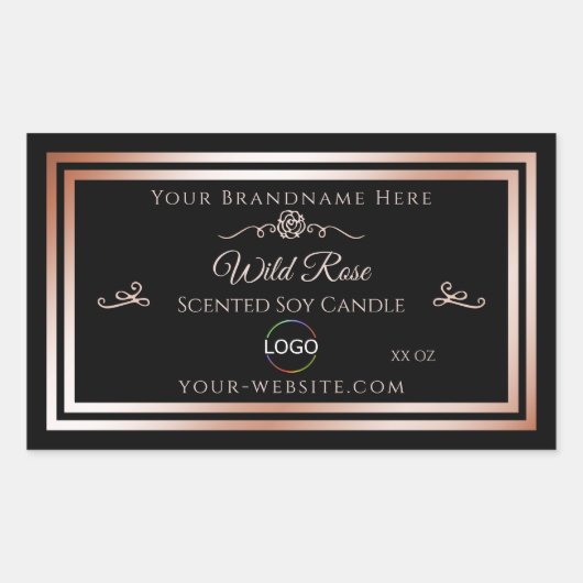 黒い製品ラベル(バラ金ゴールド枠とロゴ) 長方形シール (正面)