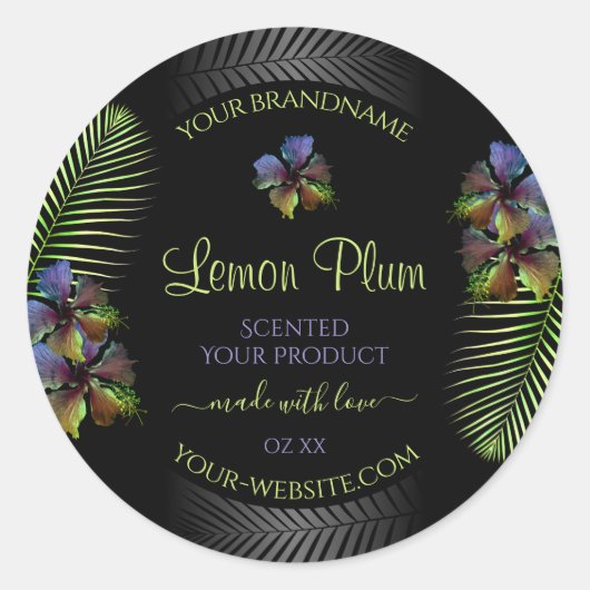 黒い製品ラベル 黄色 紫色 ハワイの花 ラウンドシール (正面)