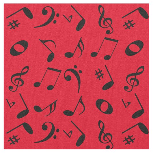 黒い角度付き音符のパターン（赤） ファブリック (クローズアップ)