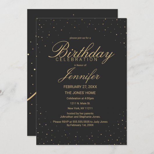 黒い誕生会で斑点をつけられるモダンでシックな金ゴールド 招待状 (正面/裏面)