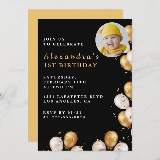 黒い誕生日の招待金ゴールドバルーンフォト 招待状 (正面/裏面)