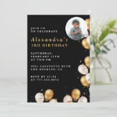 黒い誕生日の招待金ゴールドバルーンフォト 招待状 (スタンド正面)