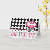 黒い誕生日アーガイルカード（ピンクのカップケーキ付き） カード (黄色い花)