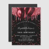 黒い赤いバルーン誕生日の招待マグネット (正面/裏面)