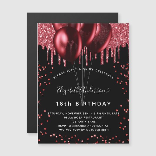 黒い赤いバルーン誕生日の招待マグネット (正面/裏面)