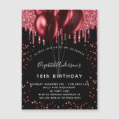 黒い赤いバルーン誕生日の招待マグネット (正面)