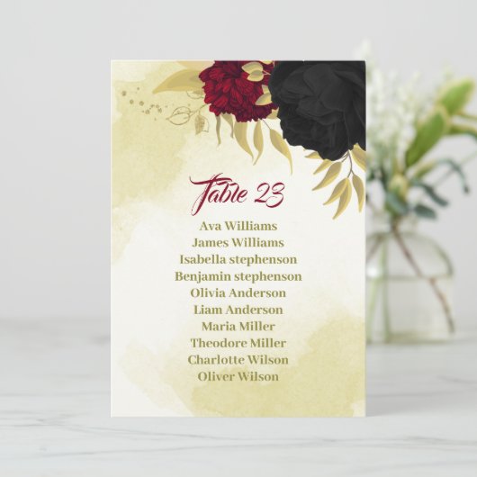 黒い赤い花の金ゴールド葉の座席チャートカード 招待状 (スタンド正面)