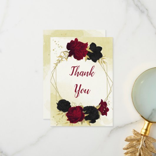 黒い赤い花葉結婚金ゴールド サンキューカード (正面/裏面インサイチュ)