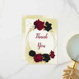 黒い赤い花葉結婚金ゴールド サンキューカード