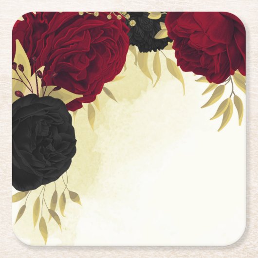 黒い赤い花葉結婚金ゴールド スクエアペーパーコースター (正面)