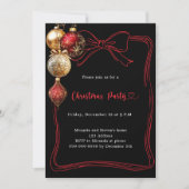 黒い赤い金ゴールドのバウブルクリスマスのパーティー 招待状 (正面)
