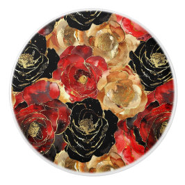 黒い赤い金ゴールドの花 セラミックノブ