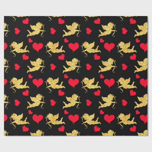 黒い赤い金ゴールドハートパターンかわいいバレンタインデー ラッピングペーパー (フラット)