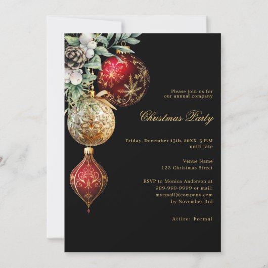 黒い赤い金ゴールドバウブルビジネスクリスマスパーティー 招待状 (正面)
