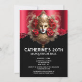 黒い赤い金ゴールド仮装の誕生日カーニバルマスク 招待状 (正面)