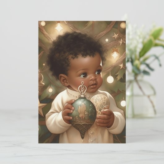 黒い赤ちゃんの魅了されたクリスマスのまなざし シーズンカード (スタンド正面)