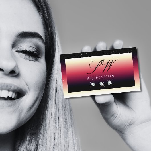 黒い赤の白のグラデーションスパークルダイヤモンドイニシャル 名刺