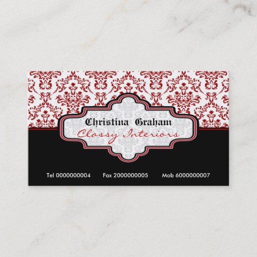 黒い赤の白のダマスクインテリア名刺 名刺 (正面)