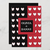 黒い赤の白のハートパターモダンン結婚ズ 招待状 (正面/裏面)