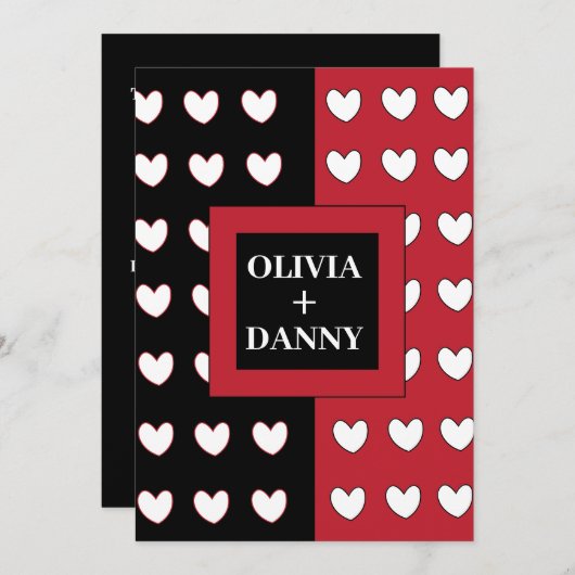 黒い赤の白のハートパターモダンン結婚ズ 招待状