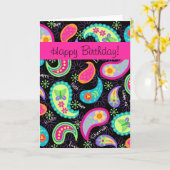 黒い赤紫のピンクのモダンなペイズリーのハッピーバースデー カード (黄色い花)